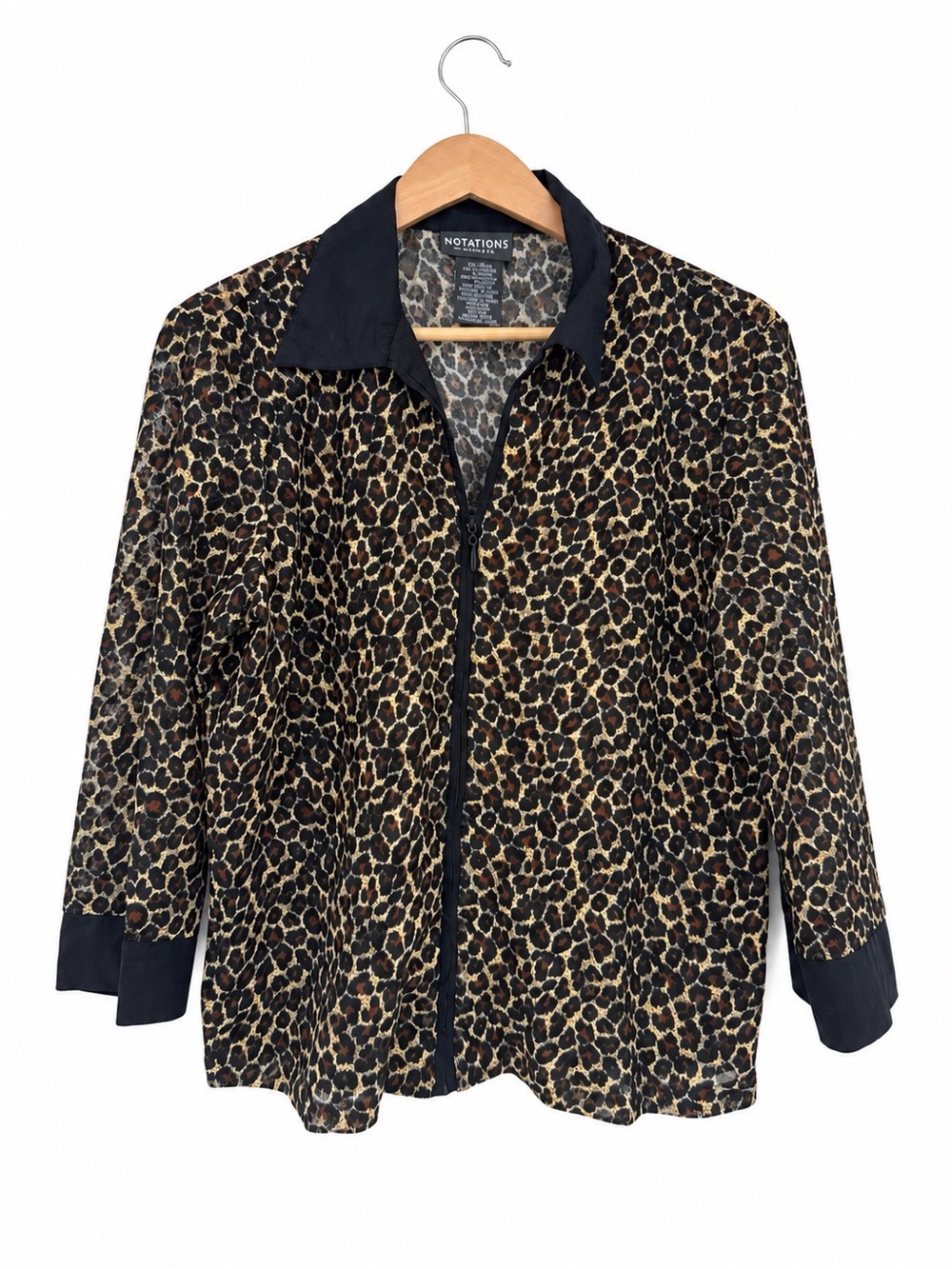 Notations Leopard Print Light Jacket Size L Zip Front Animal Print Y2K Sheer